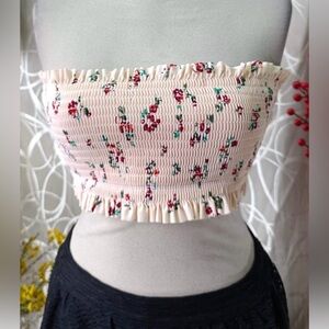 XHILARATION Floral Smocked Bandeau Swim Crop Top